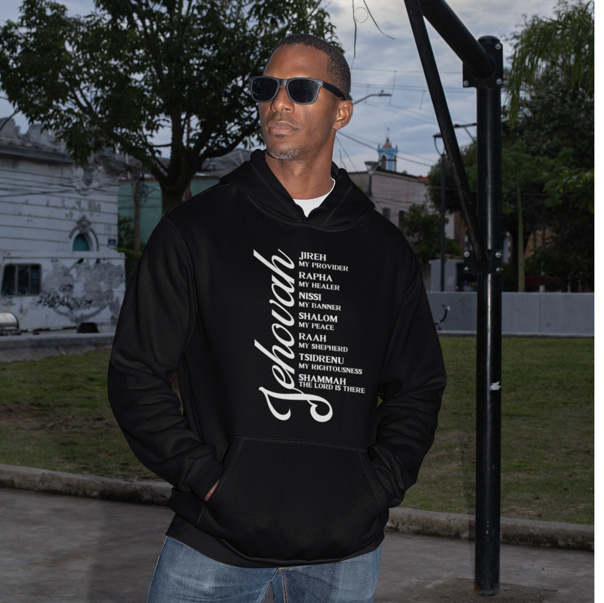 "JEHOVAH - HIS NAMES" CUSTOM GRAPHIC HOODIE (WHITE PRINT)