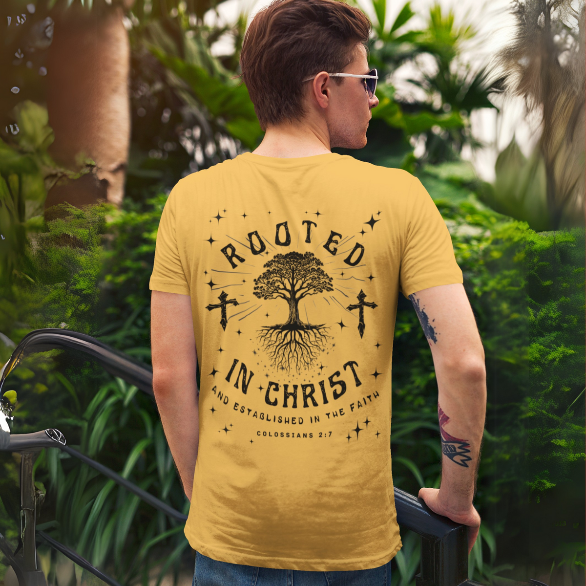 "ROOTED IN CHRIST- COLOSSIANS 2:7" (BACKVIEW) SIGNATURE CUSTOM T-SHIRT